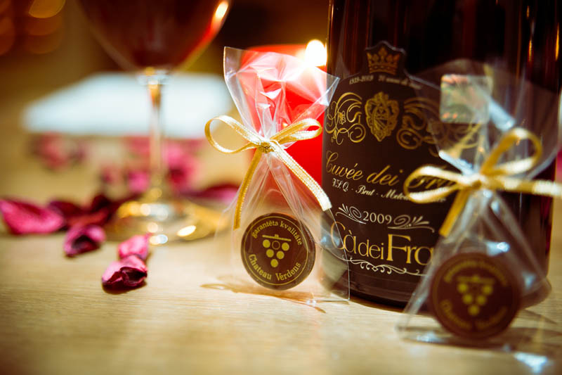 Wine And Chocolate - Promotional Chocolate Bar in Bag with ribbon, 3g